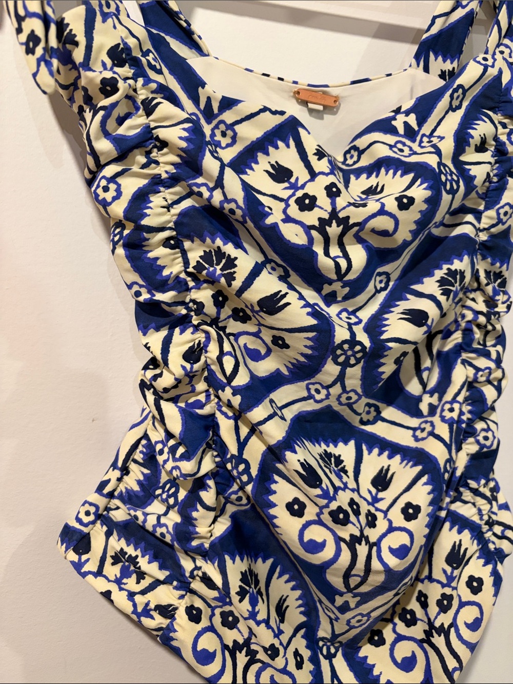 Johanna Ortiz Blue and Cream Patterned Tie-Shoulder One-Piece Swimsuit sz Large - Picture 2 of 11